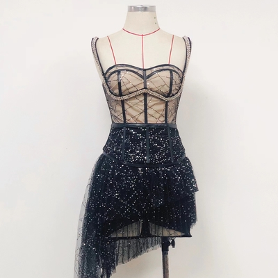 SS2212 2023 Enchanting Women's Asymmetric Drop Shipping Summer Luxurious Sleeveless Hollow Back Crystal Black Lace Dress