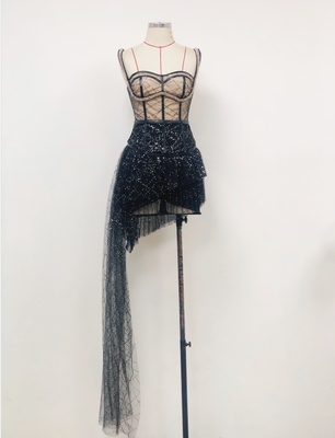 SS2212 2023 Enchanting Women's Asymmetric Drop Shipping Summer Luxurious Sleeveless Hollow Back Crystal Black Lace Dress