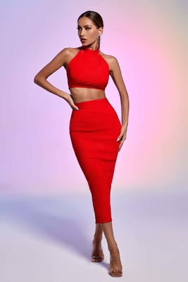 FD2496 Kimshein Women's High Neck Knit Sleeveless Backless Maxi Dress Set Two-Piece Suit Party Dress for Women
