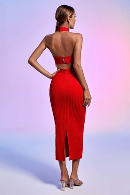 FD2496 Kimshein Women's High Neck Knit Sleeveless Backless Maxi Dress Set Two-Piece Suit Party Dress for Women