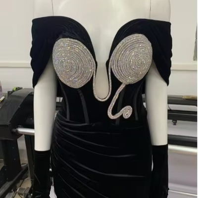ED2525 Fashionable Off-Shoulder Black Rhinestone Satin Evening Dress Customized Sample for Women's Elegant Pencil Dress