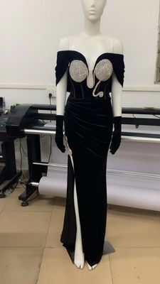 ED2525 Fashionable Off-Shoulder Black Rhinestone Satin Evening Dress Customized Sample for Women's Elegant Pencil Dress