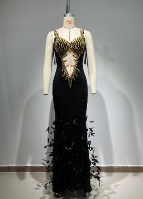 ED2665 Black Sequin Feather Floor-Length Dress Polyester/Cotton Material for Breathable Birthday Wedding Evening Party