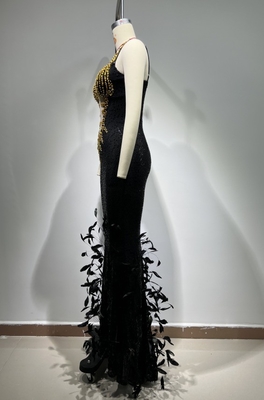 ED2665 Black Sequin Feather Floor-Length Dress Polyester/Cotton Material for Breathable Birthday Wedding Evening Party