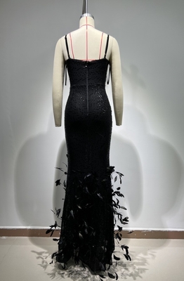 ED2665 Black Sequin Feather Floor-Length Dress Polyester/Cotton Material for Breathable Birthday Wedding Evening Party