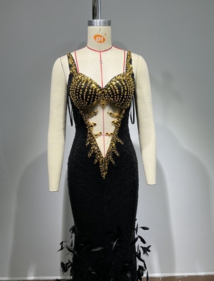 ED2665 Black Sequin Feather Floor-Length Dress Polyester/Cotton Material for Breathable Birthday Wedding Evening Party