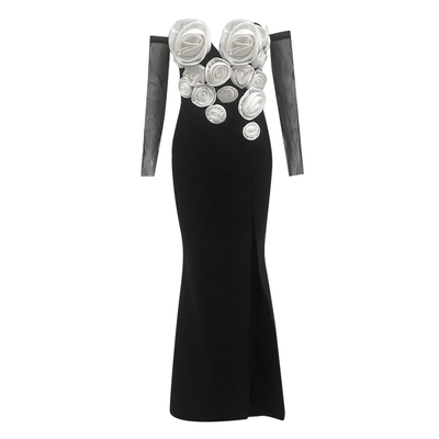 SB3281 Kimshein 3D Flower Bodycon Bandage Party Dress in Black Maxi Design for a Glamorous and Sophisticated Look