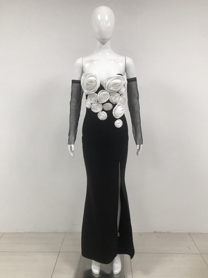 SB3281 Kimshein 3D Flower Bodycon Bandage Party Dress in Black Maxi Design for a Glamorous and Sophisticated Look
