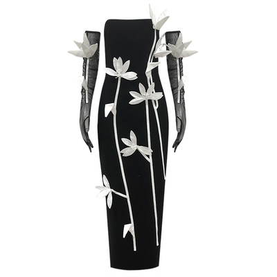 No Shoulder Strap Natural Waistline Black Maxi Dress with 3D Floral Bodycon Design and Sleeveless Design
