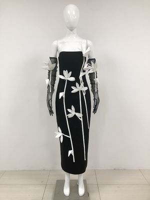 No Shoulder Strap Natural Waistline Black Maxi Dress with 3D Floral Bodycon Design and Sleeveless Design