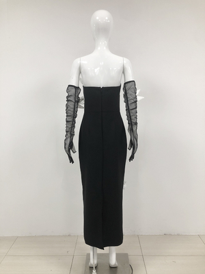 No Shoulder Strap Natural Waistline Black Maxi Dress with 3D Floral Bodycon Design and Sleeveless Design