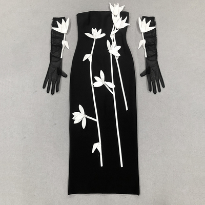 No Shoulder Strap Natural Waistline Black Maxi Dress with 3D Floral Bodycon Design and Sleeveless Design
