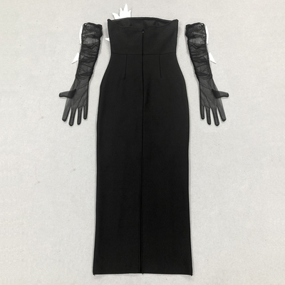 No Shoulder Strap Natural Waistline Black Maxi Dress with 3D Floral Bodycon Design and Sleeveless Design