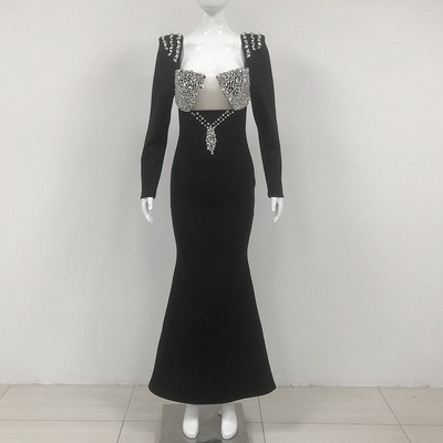 LS2590 End Bandage Mermaid Long Dress with Water Diamonds and High Slit Customizable Logo Position Concave-convex Printing