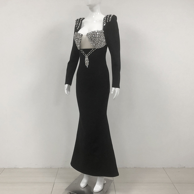 LS2590 End Bandage Mermaid Long Dress with Water Diamonds and High Slit Customizable Logo Position Concave-convex Printing