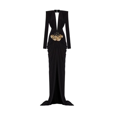 100 Pieces LS2598 end Women's Evening Dress with Long Sleeves Deep V-neck Floor-length Classic One-piece Dress Ladylike Style