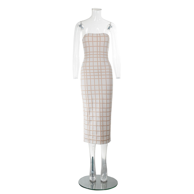 Women's Sweet Style Grid Dress Medium Length Cocktail Party Dress with Color Blocking Design