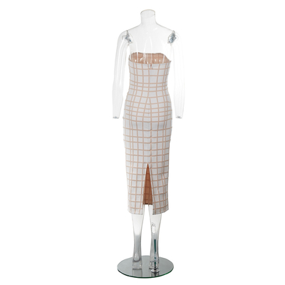 Women's Sweet Style Grid Dress Medium Length Cocktail Party Dress with Color Blocking Design
