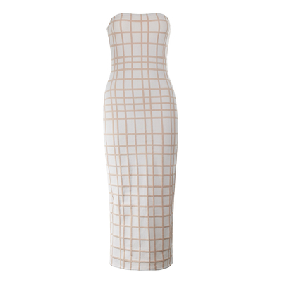Women's Sweet Style Grid Dress Medium Length Cocktail Party Dress with Color Blocking Design