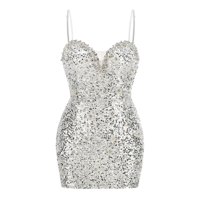 SB3295 Silver Sequin Women's Luxurious Pearl Crystal Mini Bodycon Dress Elegant Party Dress in Pure Color from Guangdong