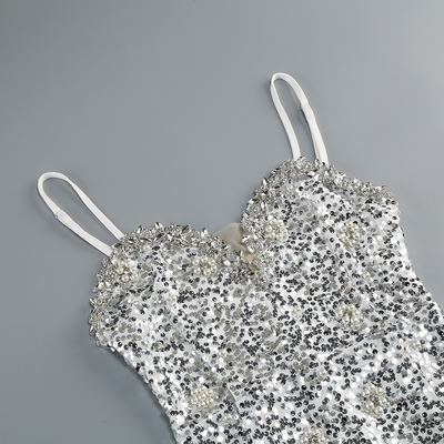 SB3295 Silver Sequin Women's Luxurious Pearl Crystal Mini Bodycon Dress Elegant Party Dress in Pure Color from Guangdong