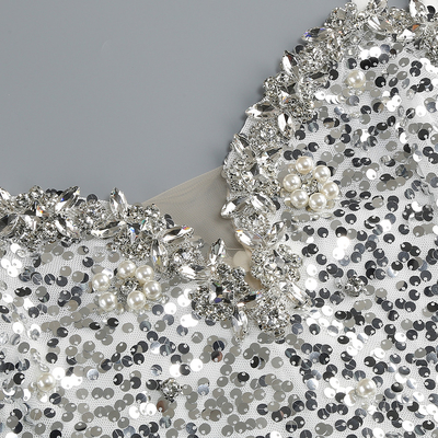 SB3295 Silver Sequin Women's Luxurious Pearl Crystal Mini Bodycon Dress Elegant Party Dress in Pure Color from Guangdong