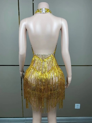 AD1849 Women's end Luxurious Short Skirt Sexy Fringe Sleeveless Dress Elastic Fabric for Modern Dance Elastic Dress
