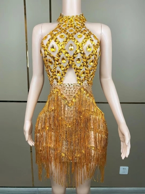 AD1849 Women's end Luxurious Short Skirt Sexy Fringe Sleeveless Dress Elastic Fabric for Modern Dance Elastic Dress