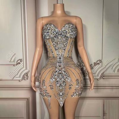 kimsheinfashion AD1840 Water Diamond Dress Net Performance Women's Summer Party Dress Mini Dress Without Shoulder Strap