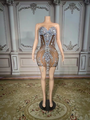 kimsheinfashion AD1840 Water Diamond Dress Net Performance Women's Summer Party Dress Mini Dress Without Shoulder Strap