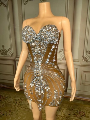 kimsheinfashion AD1840 Water Diamond Dress Net Performance Women's Summer Party Dress Mini Dress Without Shoulder Strap