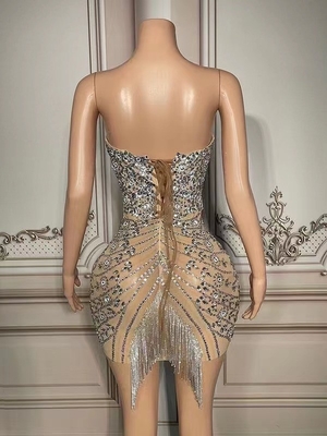kimsheinfashion AD1840 Water Diamond Dress Net Performance Women's Summer Party Dress Mini Dress Without Shoulder Strap