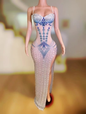 AD2392 Classic Dress Sexy Role Play Outfit Crafted from Spandex/Polyester with High Slit and Sparkling Rhinestone Accents