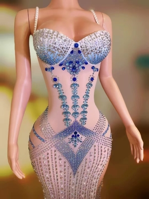AD2392 Classic Dress Sexy Role Play Outfit Crafted from Spandex/Polyester with High Slit and Sparkling Rhinestone Accents
