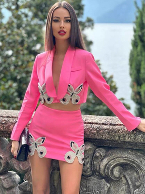 SR2272 Spring Autumn Crystal Two-Piece Women's Suit Set Two-Piece Women's Jacket and Skirt in Slim Fit with Fast Shipping