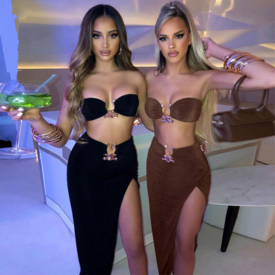 2022 FD2388 Gold Shien Women's Sexy Two-Piece Set Metal Bandage Fabric High Score Body Two-Piece Evening Dress Suit