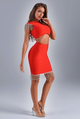 FD2296 Red 2-Piece Bandage Set Sleeveless Dress with Fringe Details and Matching Top Outfit