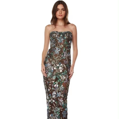 ED2654 Women's Shimmering Party Dress Sleeveless Sequin Maxi Dress with Floral Design at Luxury Ballroom