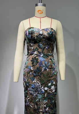 ED2654 Women's Shimmering Party Dress Sleeveless Sequin Maxi Dress with Floral Design at Luxury Ballroom