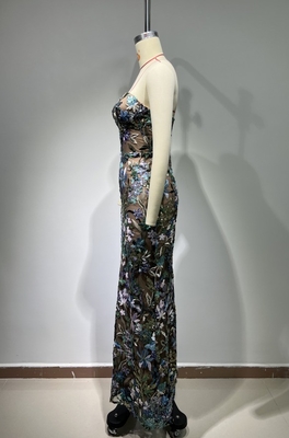 ED2654 Women's Shimmering Party Dress Sleeveless Sequin Maxi Dress with Floral Design at Luxury Ballroom