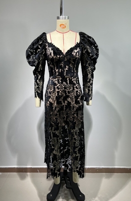 Elegant and Sexy Black Lace Fabric Long Sleeve Formal Wedding Evening Party Dress for Women at Nightclub