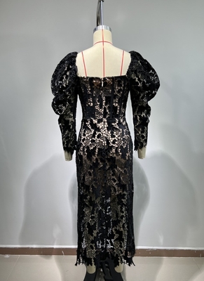 Elegant and Sexy Black Lace Fabric Long Sleeve Formal Wedding Evening Party Dress for Women at Nightclub