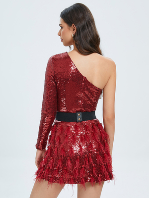 LS2382 Customizable Logo Accepted Fashionable and Luxurious Sequin Elegant Christmas Party Dress with Feather Evening Gown