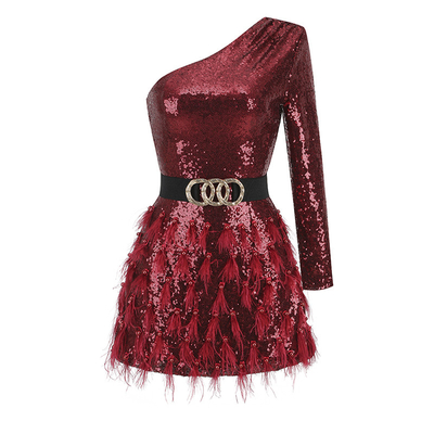 LS2382 Customizable Logo Accepted Fashionable and Luxurious Sequin Elegant Christmas Party Dress with Feather Evening Gown
