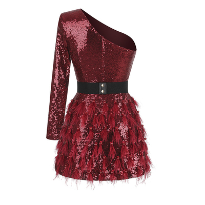 LS2382 Customizable Logo Accepted Fashionable and Luxurious Sequin Elegant Christmas Party Dress with Feather Evening Gown