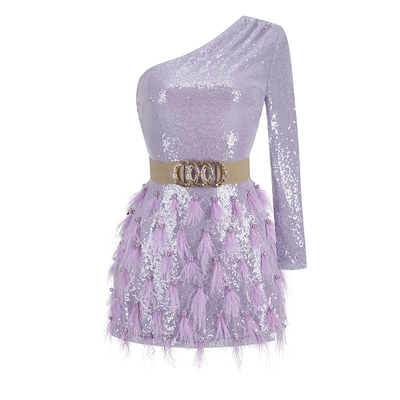 LS2382 Customizable Logo Accepted Fashionable and Luxurious Sequin Elegant Christmas Party Dress with Feather Evening Gown
