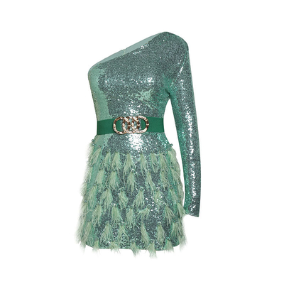 LS2382 Customizable Logo Accepted Fashionable and Luxurious Sequin Elegant Christmas Party Dress with Feather Evening Gown