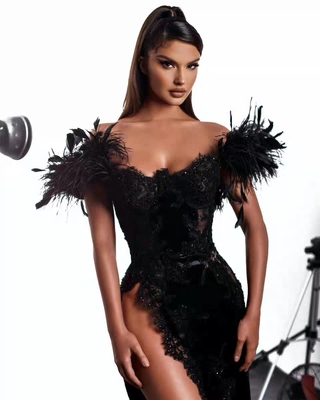 7 Days Fast Sampling 1 pc/opp Bag Filling Elegant Christmas Party Dress with Feathers and Slit Made of Polyester Cotton
