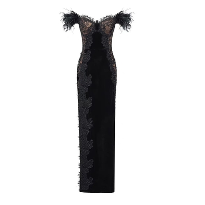 7 Days Fast Sampling 1 pc/opp Bag Filling Elegant Christmas Party Dress with Feathers and Slit Made of Polyester Cotton
