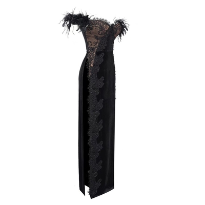 7 Days Fast Sampling 1 pc/opp Bag Filling Elegant Christmas Party Dress with Feathers and Slit Made of Polyester Cotton